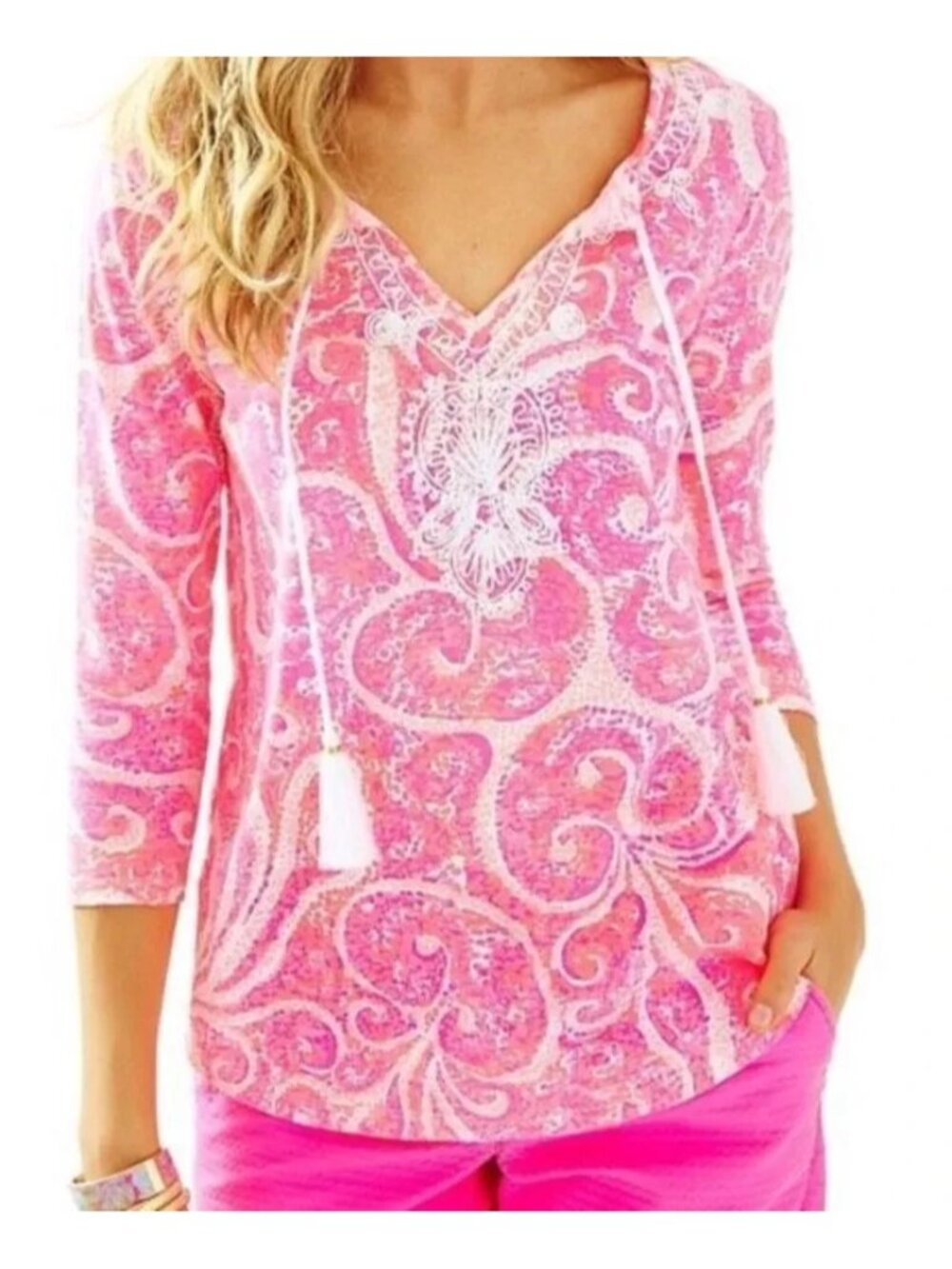 Lilly Pulitzer S Pink Pout Holly Top Tassel Tie Neck Top Blouse